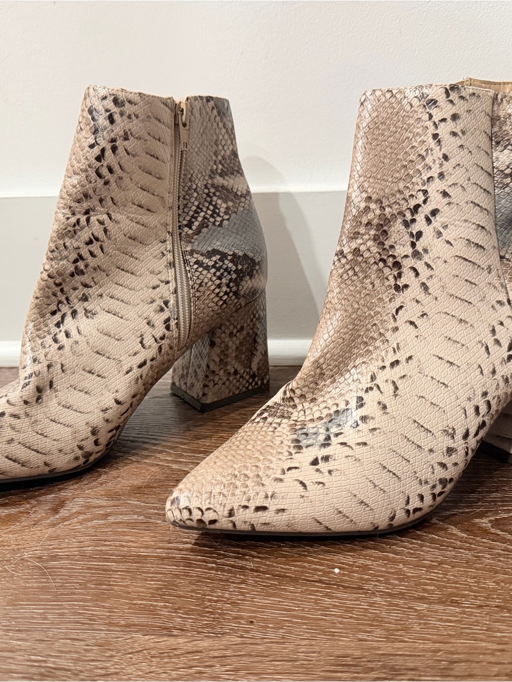 Snake-Print Pointed Toe Ankle Booties - Beige